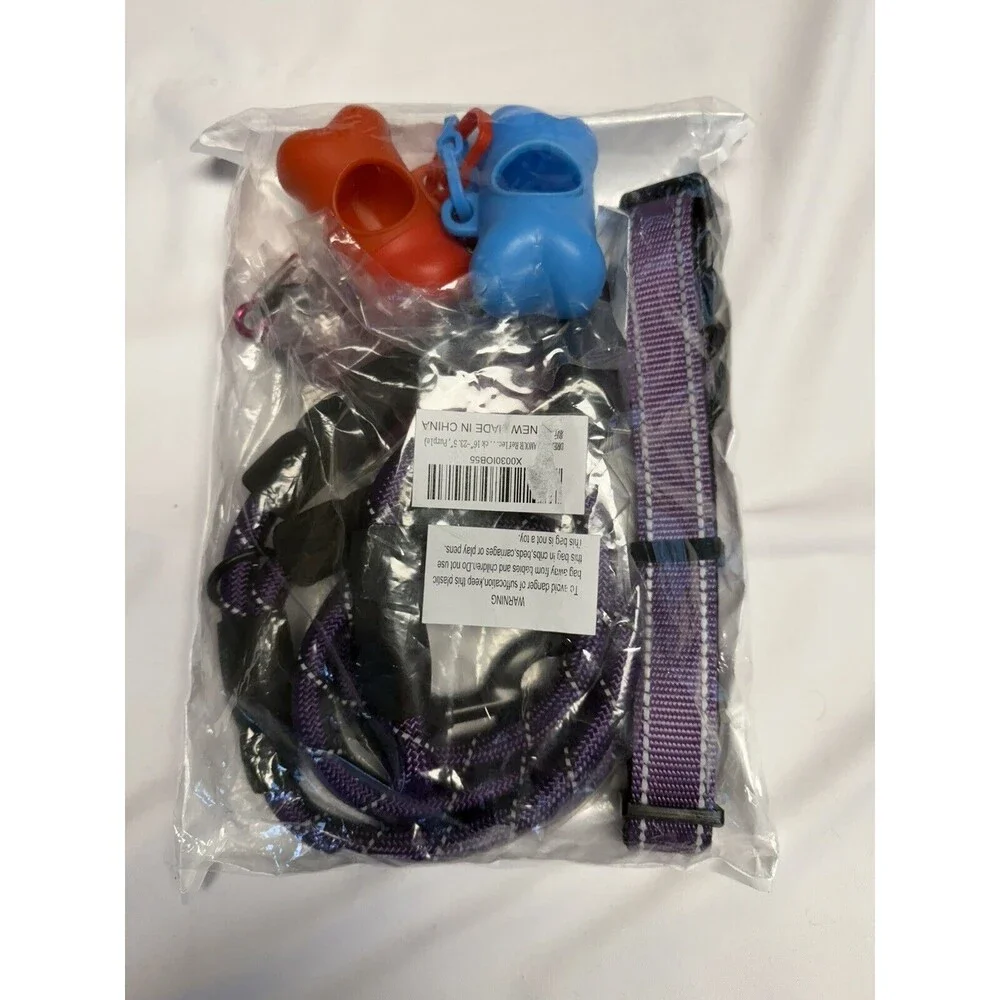 Dream Amour 5pc Dog Set purple collar, leach, water bowl &2 bag holders New